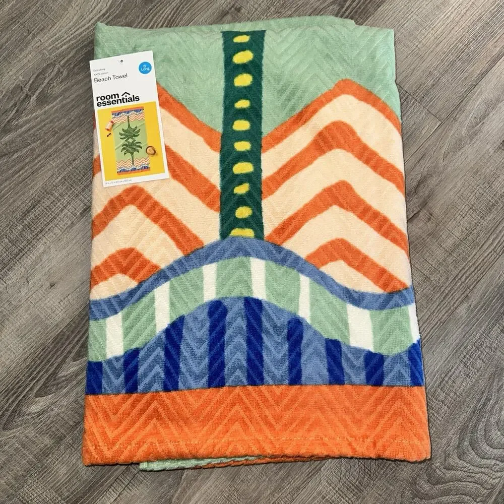 Room Essentials Beach Towel 36x72 Extra Long 100% Cotton Geometric Tropical NWT